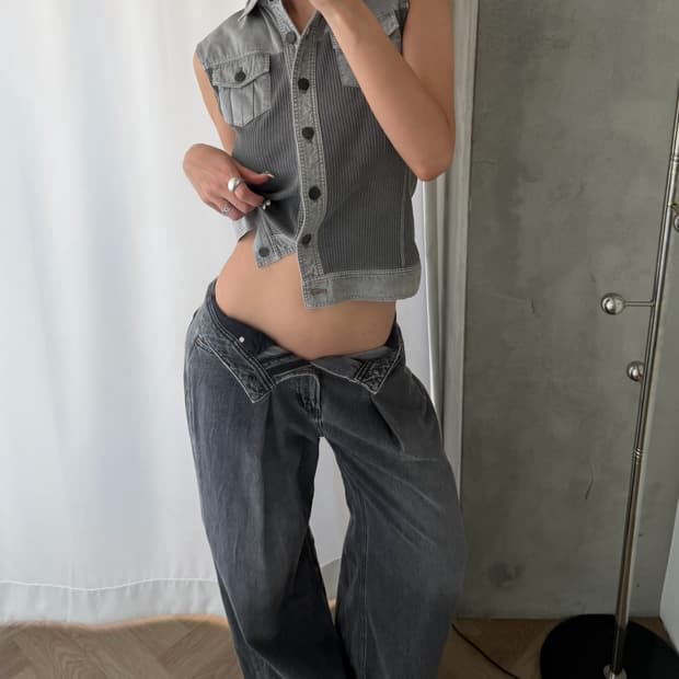차콜 핀턱 와이드 데님