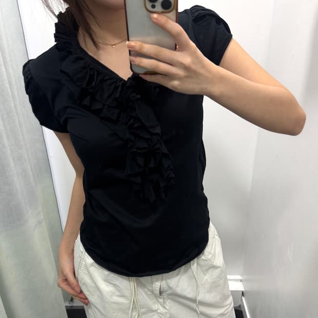 랄프로렌 블랙 러플 반팔 블라우스