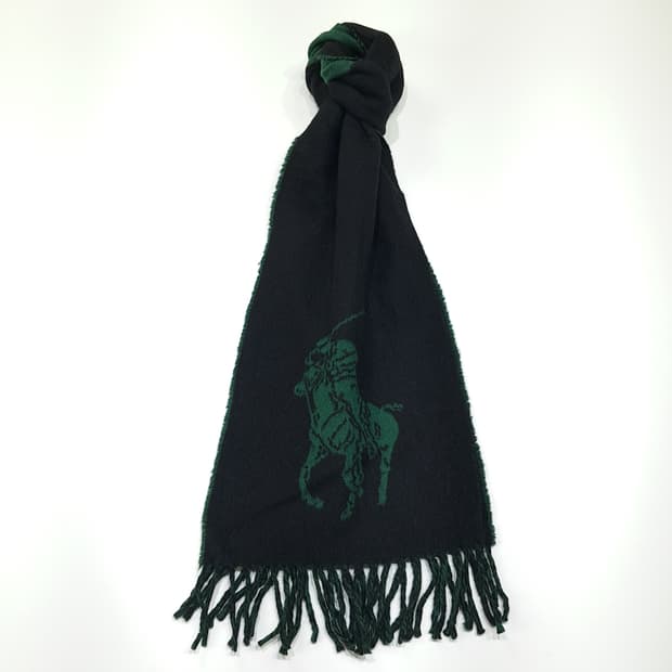 MX333 폴로 랄프로렌 블랙 그린 빅로고 양면 램스울 목도리 머플러