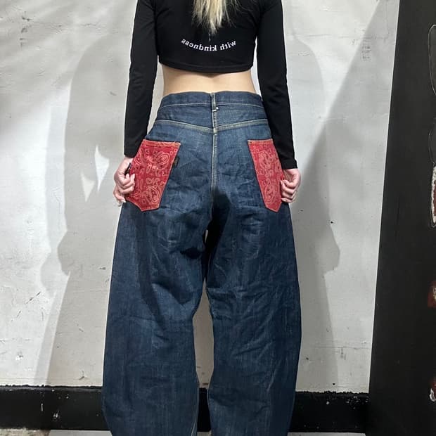 90s 일본 빈티지 진청 백 포켓 포인크 와이드 힙합 데넴 팬츠 청바지