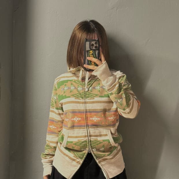 ethnic pattern 2-way hood zip-up