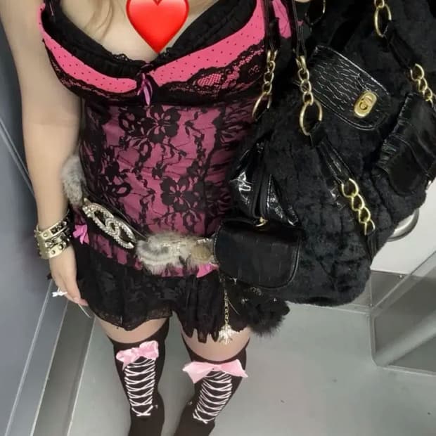 오네갸루 핫핑크 슬립 나시 레이스 블랙 캡 히메갸루