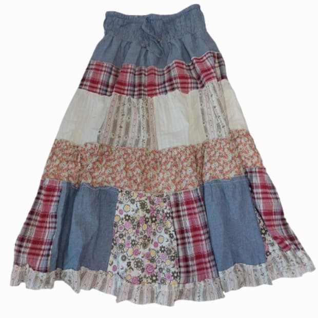 모리걸 하구미 패치 체크 레이스 잔꽃 데님 롱스커트