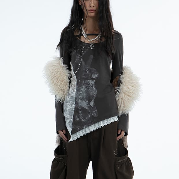 Lace Rabbit Printed Long-Sleeved T-Shirt