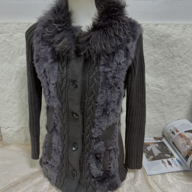 빈티지 다크 보라 토끼털 그레이 꽈배기 니트 자켓 가디건