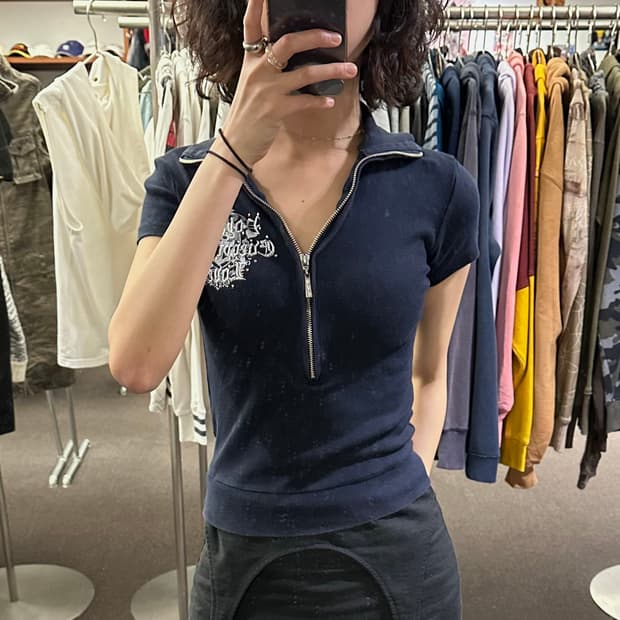 M)INGNI vintage 여성 자수 하프집업 반팔