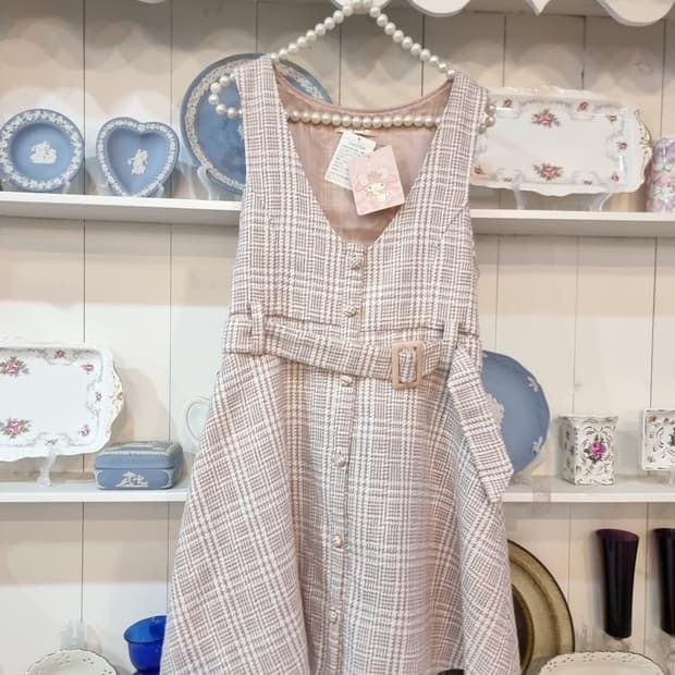 리즈멜로 체크 벨트 원피스