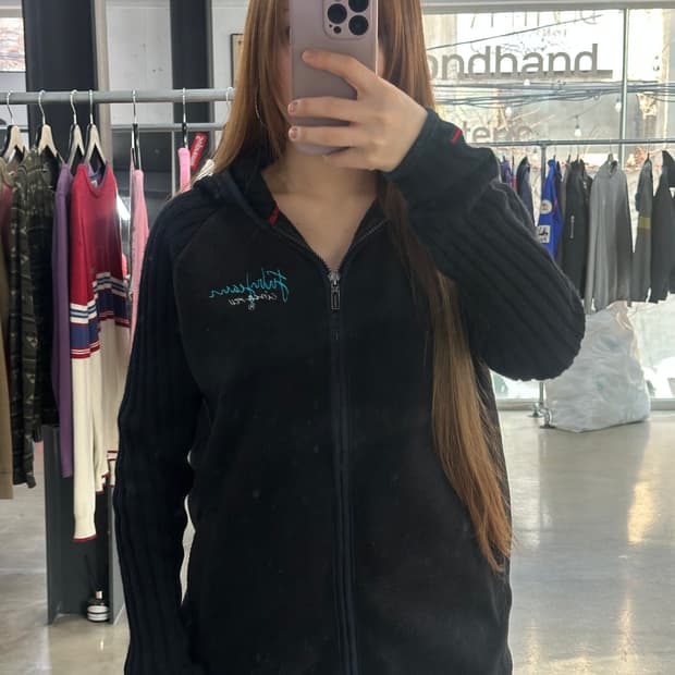 후부 자수백로고 후드 플리스 니트집업