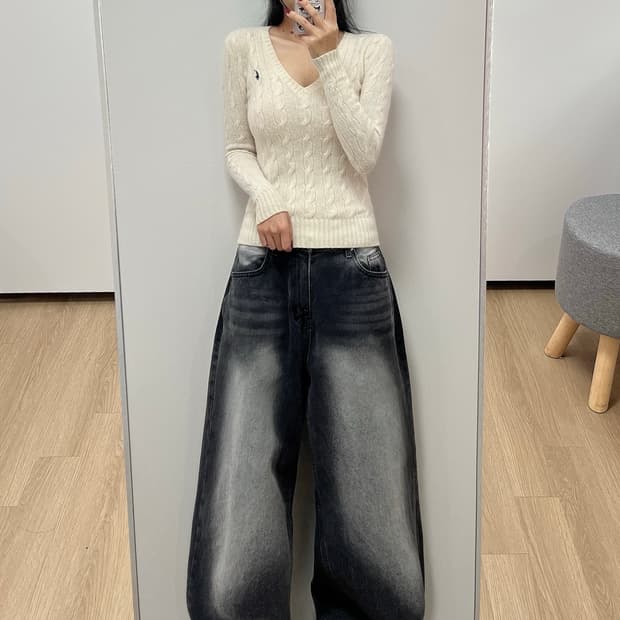 폴로 랄프로렌 울 캐시미어 아이보리 꽈배기 브이넥 니트