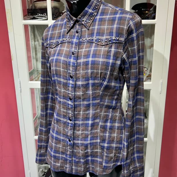prada check shirt 프라다 스터드 디테일 체크 셔츠