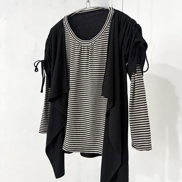 Black Vest-Layered Striped Long Sleeve