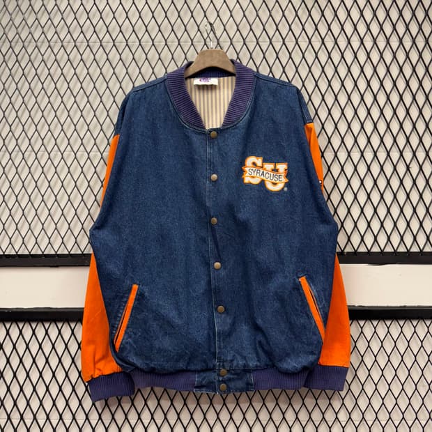 USA VTG 90s 빈티지 데님 바시티 오렌지 배색 워크 자켓