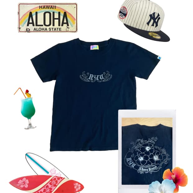 빈티지 블랙 하와이안 플라워 티셔츠