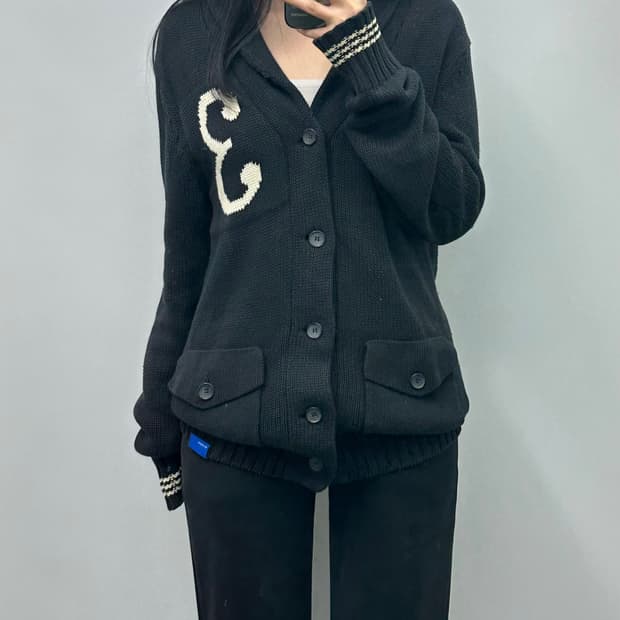 아디다스 3로고 블랙 숄카라 니트 가디건