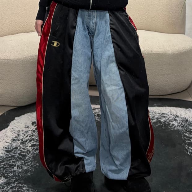 90s Champion 데님 믹스 와이드 팬츠