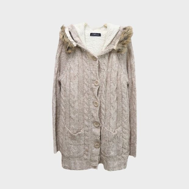 MURE 후드 퍼 롱 아이보리 가디건 모리걸