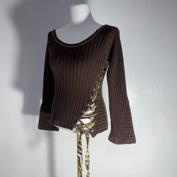 빈티지 레오파드 스트랩 오프숄더 니트 탑 y2k 아방가르드 오즈온