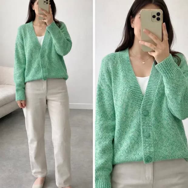 COS 코스 멜란지 그린 브이넥 니트 가디건 EUR S