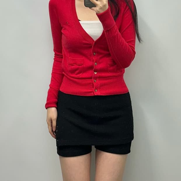 타미힐피거 자수로고 레드 니트 가디건