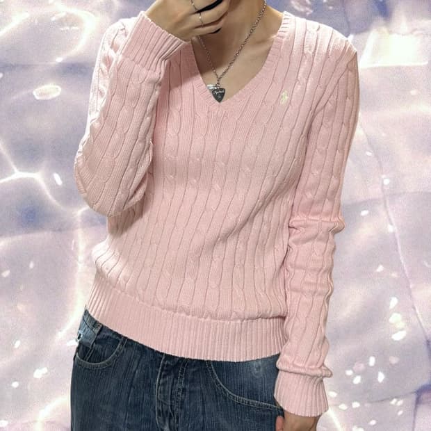 폴로 랄프로렌 신형 브이넥 꽈배기 니트 베이비 핑크 연핑크 M