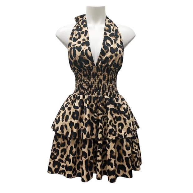 갸루 스타일 홀터넥 레오파드 원피스