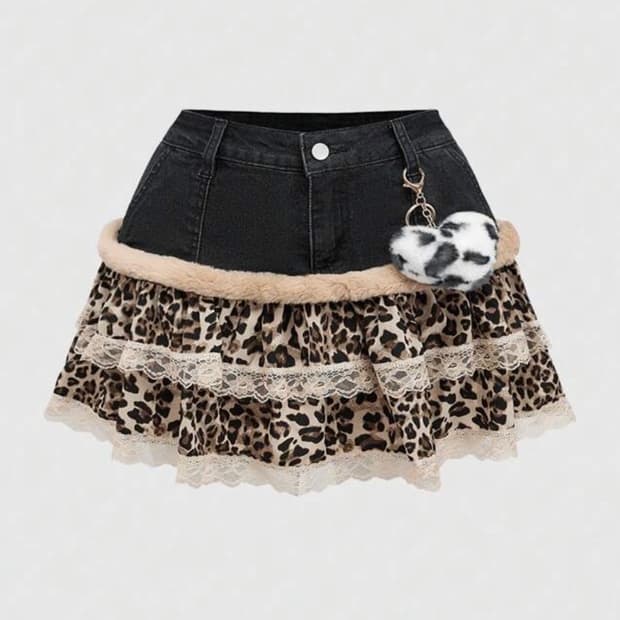 블랙 데님 레오파드 레이스 미니스커트
