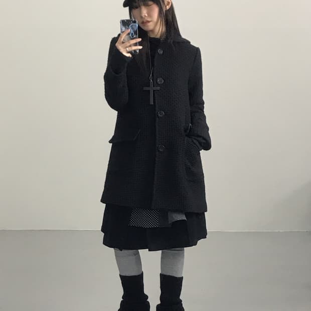 Jpn Textured Black Hooded Coat