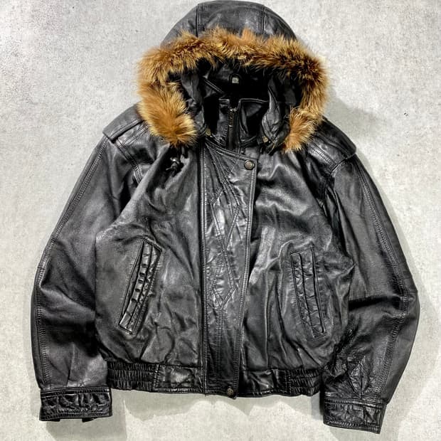 [M] 90s Vintage 빈티지 양가죽 크롭 레더 퍼 후드 자켓
