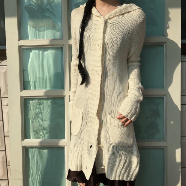 Belted knit hood long cardigan