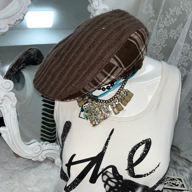 브라운 체크 니혼진 헌팅캡