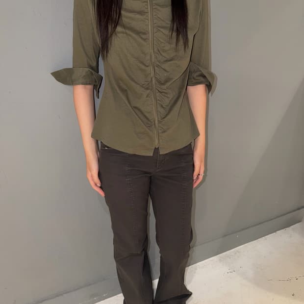 Shirring detail high-neck zip-up