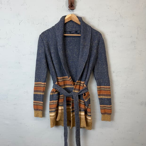 폴로랄프로렌 큐알라벨 스트라이프 벨트 린넨 코튼 가디건