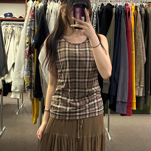 L)COLZA vintage 여성 타탄체크 브라운 나시