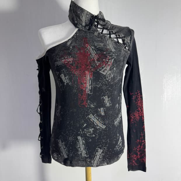 h. anarchy 올오버 프린트 하이넥 탑 y2k 고딕 펑크 vkei