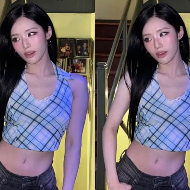 (텍O) 미나 체크 홀터 탑