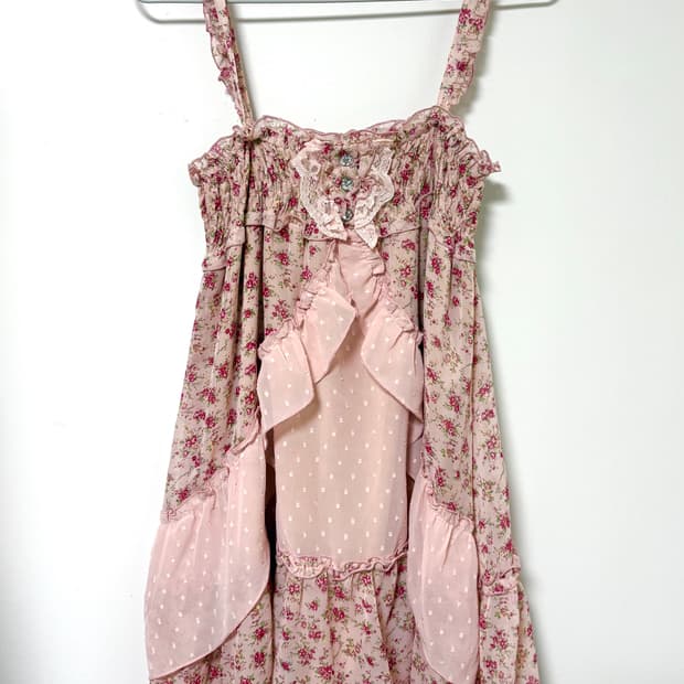 빈티지 히메갸루 엑시즈팜 핑크 플라워 도트 원피스