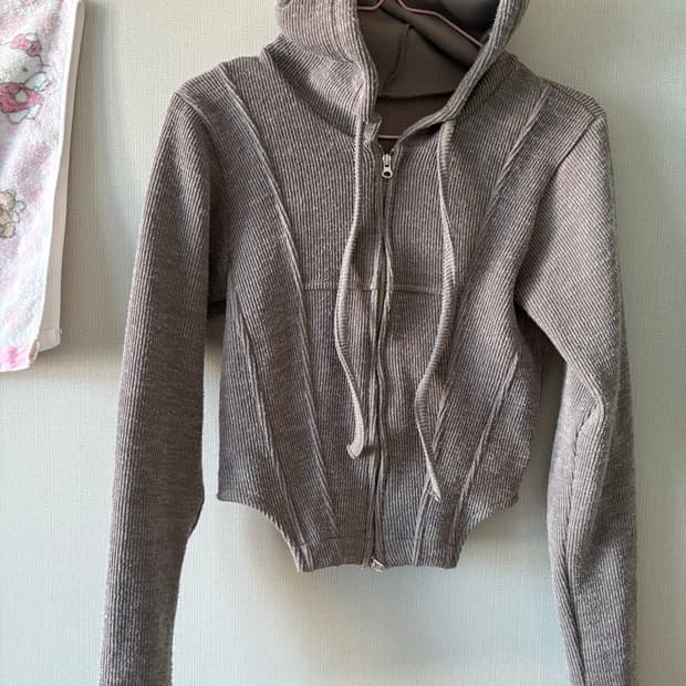 베이지 골지니트 옆트임 집업