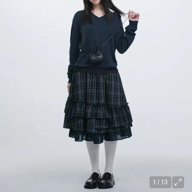 오헤시오 체크 프릴 미디 스커트 