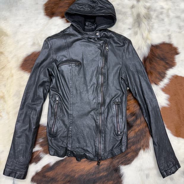 조르지오 브라토 램레더 후드 사선 바이커 자켓