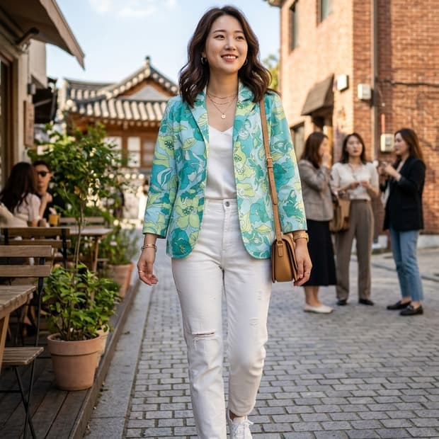 [S] 프렌치 커프(French Cuff) 민트 플로럴 코튼 자켓