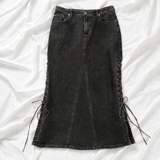 빈티지 레이스업 워싱 데님 롱스커트