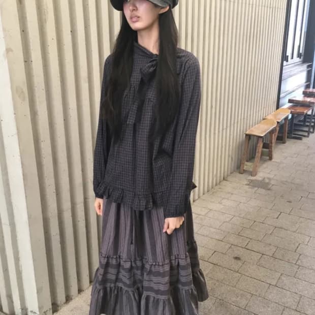 당일배송/코디세트) 유소피에 스커트+프릴블라우스 세트 사와코 일본룩