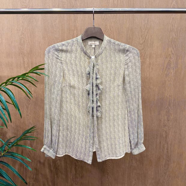 토리버치 블라우스 도트 스트라이프 패턴 프론트 러플 타이 디테일 아이보리