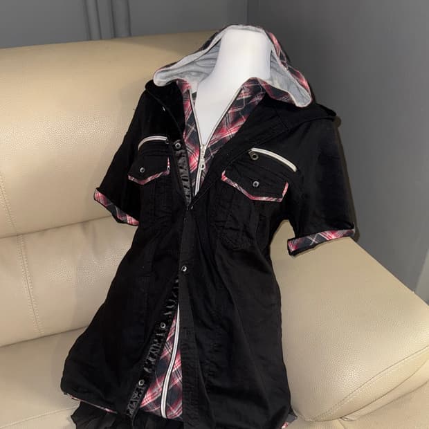 check hood layered detail shirt