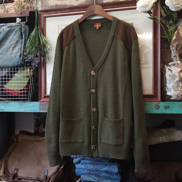 90s 프렌치 울 가디건 유럽 헤비울 스웨터 버튼 가디건 그린 L