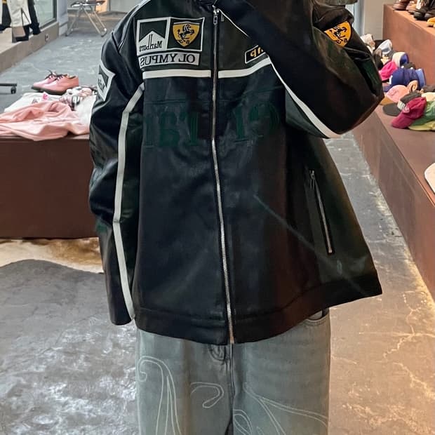 페라리 말보로 패치워크 그린 레더 레이싱 자켓 H1843