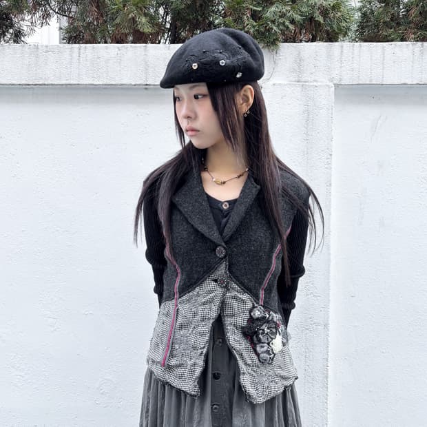 빈티지 이탈리안 플라워 코사지 울 재킷