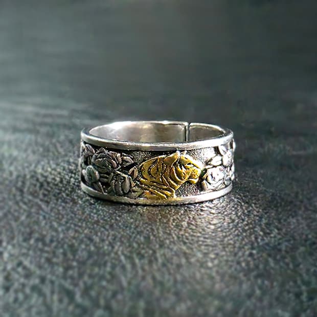 Hwaho 실버 남자 엔틱 빈티지 명품 꽃 호랑이 반지