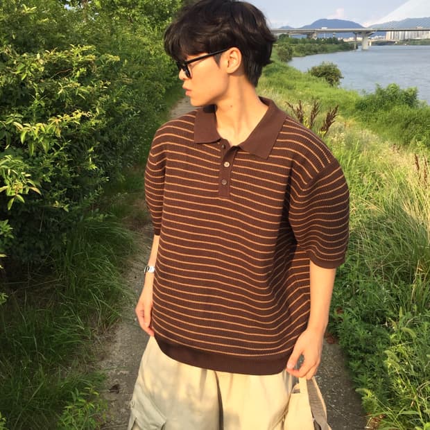 (새상품) 와플 스트라이프 카라 반팔 니트