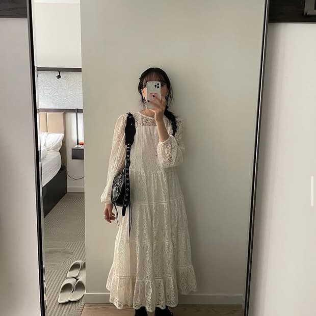 Fletta 플레따 롱 빈티지 무드 레이스 아이보리 화이트 드레스 원피스